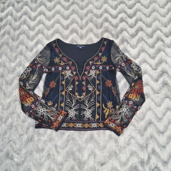 American Eagle Sheer Black Embroidered Top Sz S